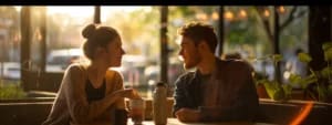A man and a woman sit at a table in a sunlit café, engaged in lively conversation about relationships. Both are smiling and have drinks in front of them. A plant and large windows in the background add to the ambiance, making it a perfect setting for discussing effective communication strategies.