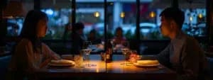 A man and a woman sit across from each other at a dimly lit restaurant table, with wine glasses and folded napkins in front of them, discussing strategies to enhance communication for stronger relationships.