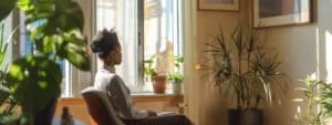 A person sits in a chair facing a sunlit window in a room filled with potted plants, enjoying the serene ambiance that one might find in San Francisco.