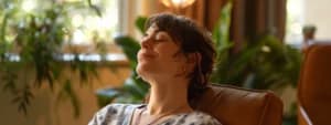 A person with short hair relaxes in a chair with their eyes closed, enjoying a peaceful moment indoors. Green plants and sunlight are visible in the background, creating a serene atmosphere reminiscent of a San Francisco CBT therapist's tranquil office.
