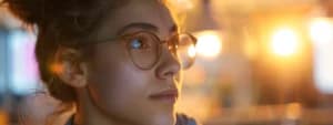 A woman wearing glasses looks thoughtfully to the side in a close-up profile view, with blurred lights in the background, reminiscent of San Francisco evenings.