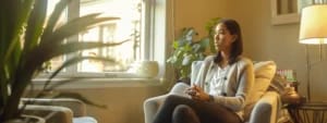 A woman sits on a chair in a cozy, well-lit room with plants and a window in the background. She appears to be in a thoughtful or reflective mood, possibly contemplating her latest session with the best CBT therapist in San Francisco.