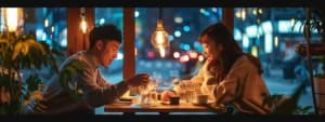 A man and woman sit at a dimly lit restaurant table with glasses and plates, engaging in conversation about relationships against a backdrop of city lights and traffic.