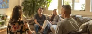 Four people are seated on couches in a San Francisco living room, engaged in a discussion about anxiety treatment. Large windows and plants are visible in the background, creating a serene atmosphere perfect for sharing insights into CBT techniques.