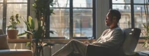 A person sits in a well-lit room in San Francisco, facing large windows with sunlight streaming in. They appear to be gazing outside, possibly reflecting on their anxiety treatment. Nearby are potted plants on the windowsill and the floor, creating a serene atmosphere conducive to CBT sessions.