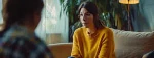 A woman in a yellow sweater is seated on a sofa, listening attentively to an unseen person discussing anxiety treatment. A plant and lamp are in the background, evoking a calm atmosphere typical of CBT sessions in San Francisco.