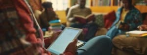 Person holding a tablet, possibly reading about CBT for anxiety treatment, in the foreground with a group of people reading books in the background in a cozy, book-filled room in San Francisco.