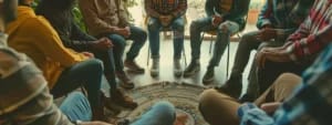 A group of people, legs only visible, are sitting in a circle on a cozy rug, fostering harmony in a casual setting.