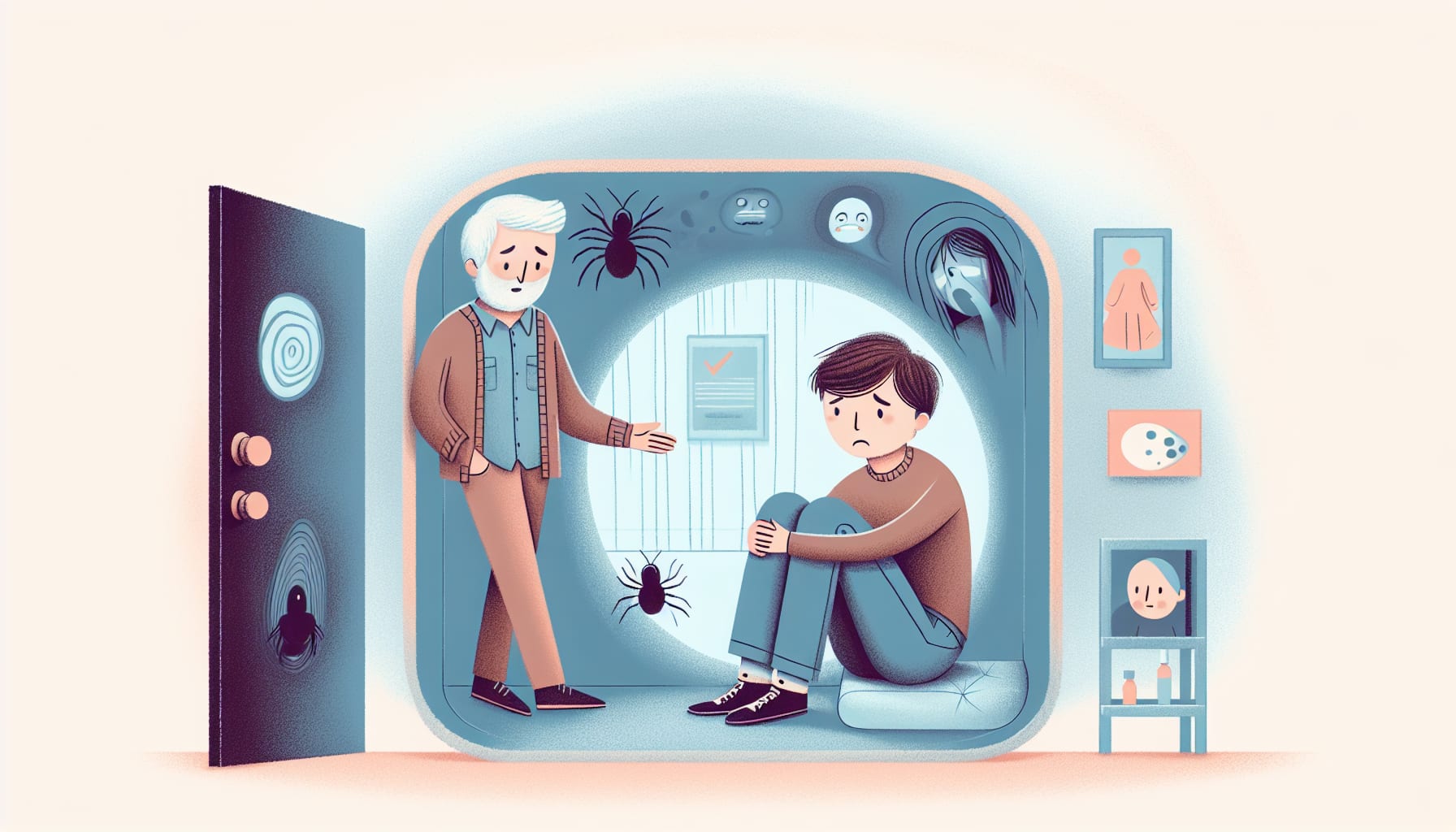 An illustration of a person undergoing exposure therapy for claustrophobia, facing their fears in a controlled environment.