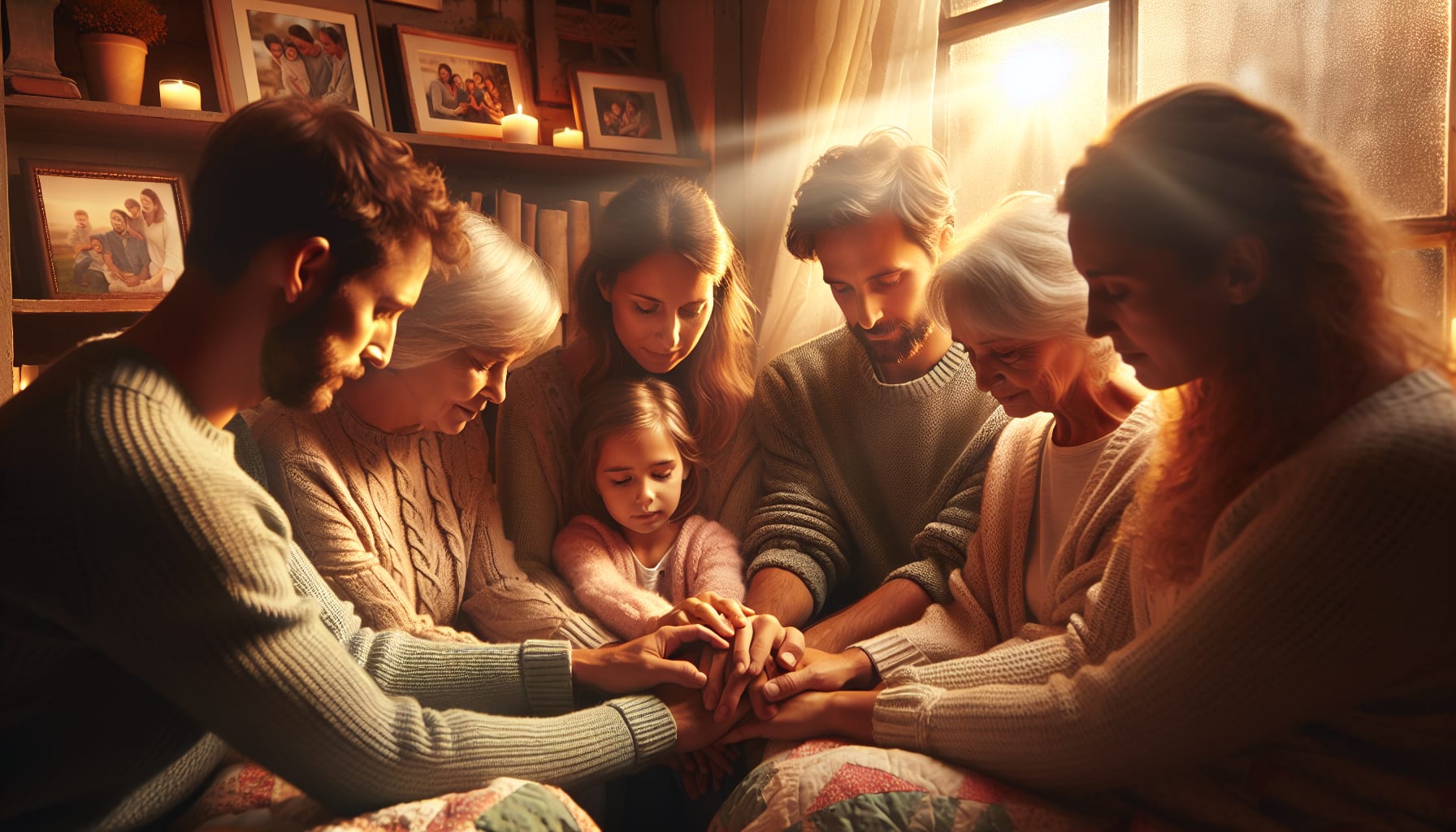 An illustration of family members supporting each other through generational grief.