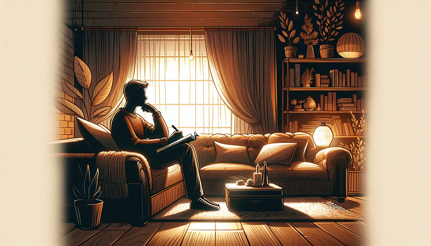 An individual preparing for a therapy session, reflecting on their thoughts.