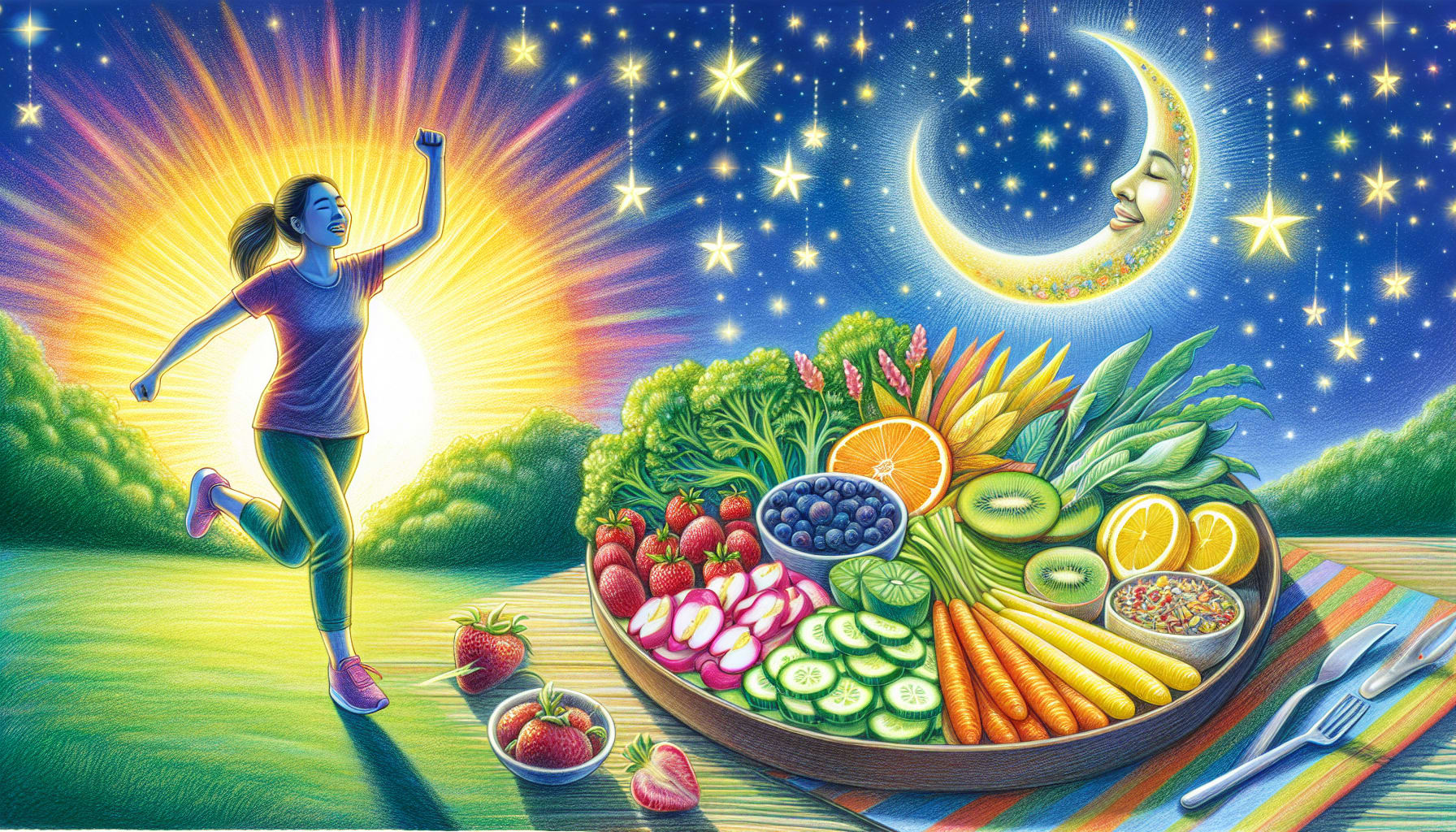 A drawing showcasing the relationship between diet, exercise, and sleep quality.