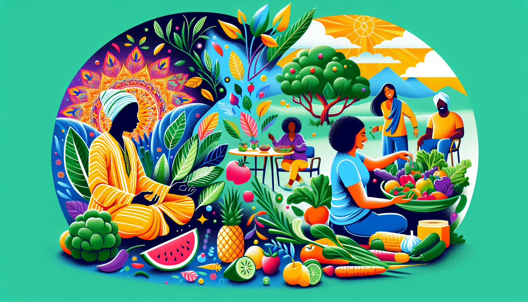 An illustration representing holistic approaches to mental wellness, including mindfulness and nutritional counseling.