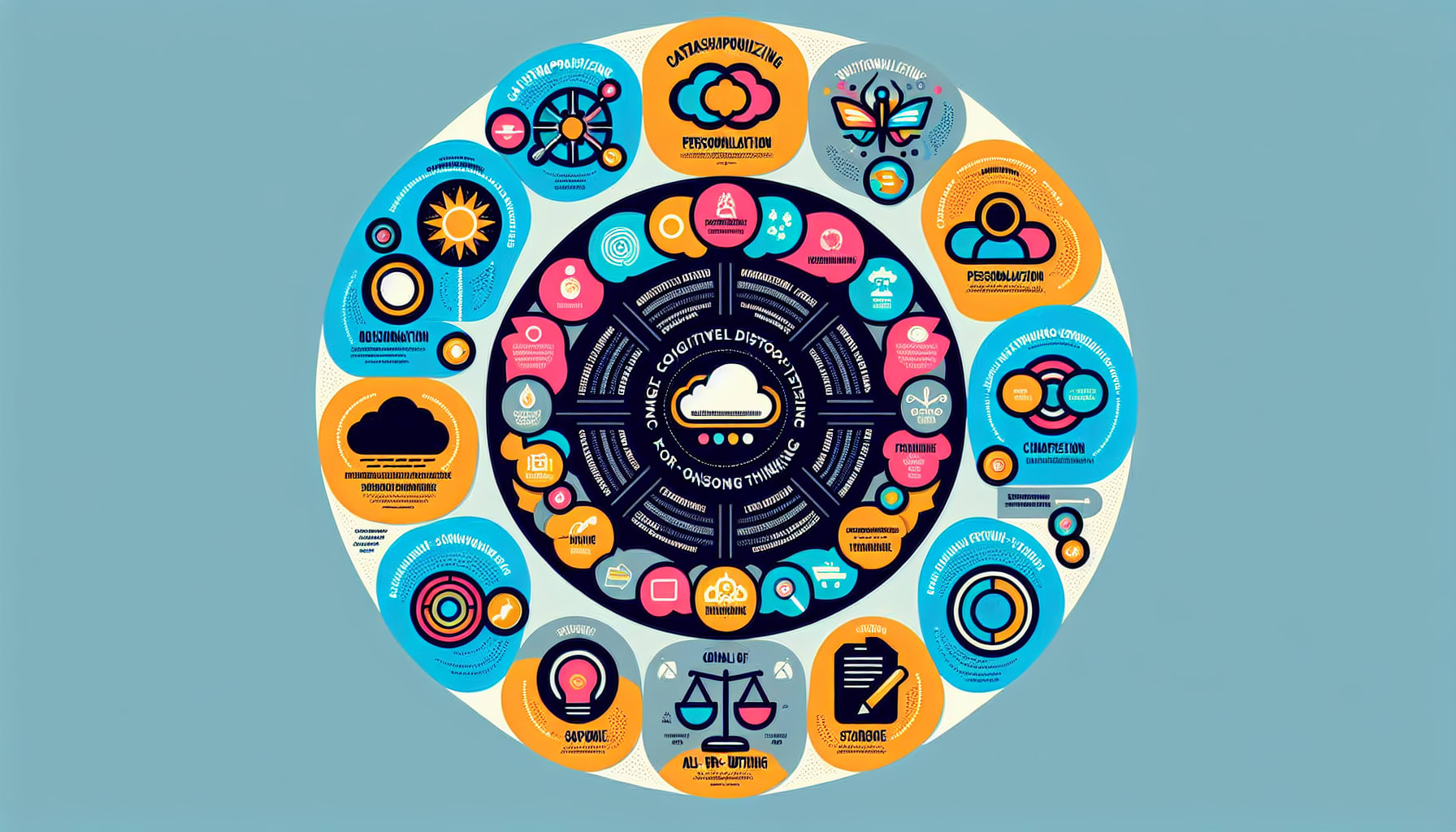 A visual representation of common types of cognitive distortions.