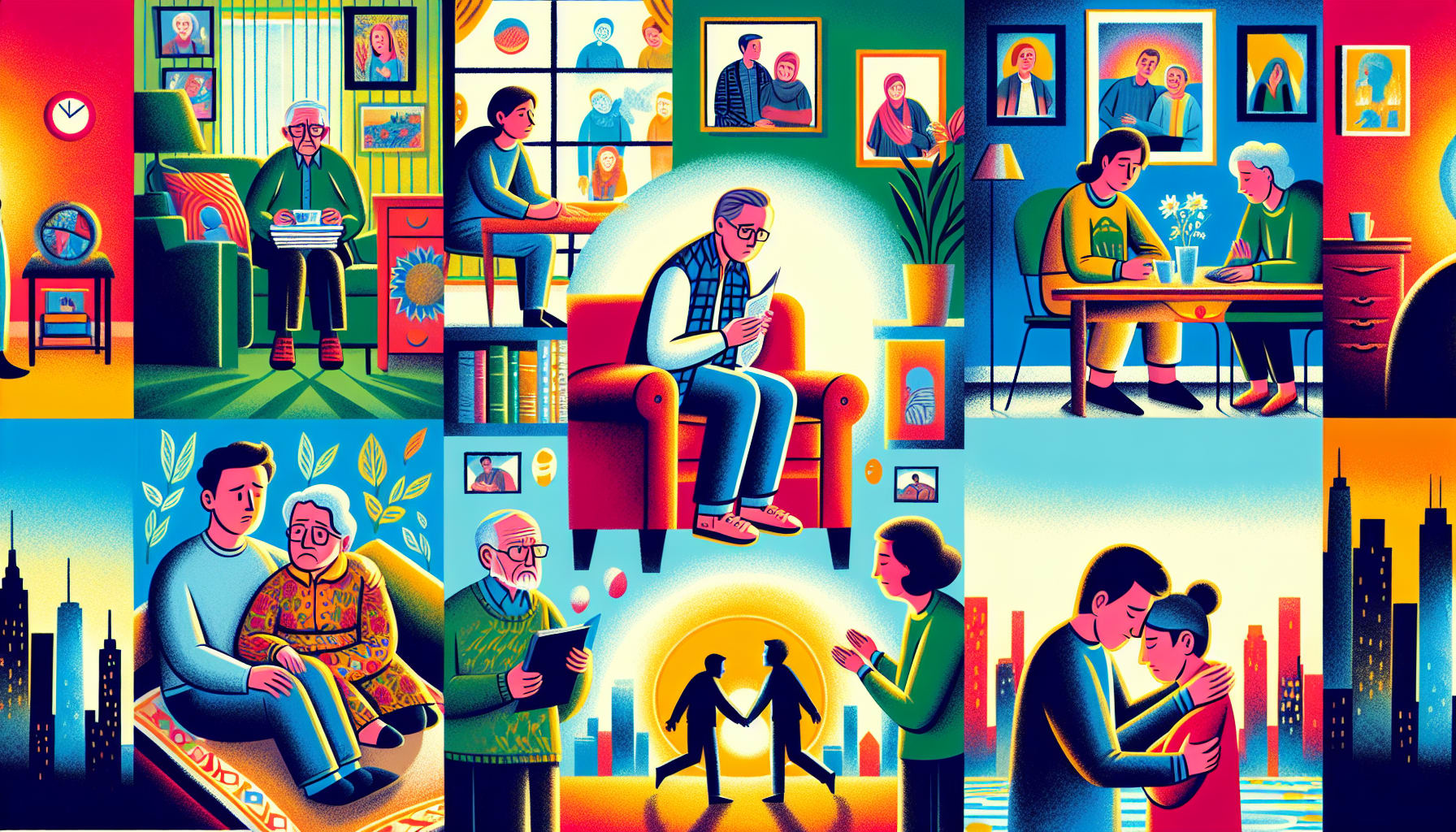 An illustration depicting the manifestations of generational grief across different generations.