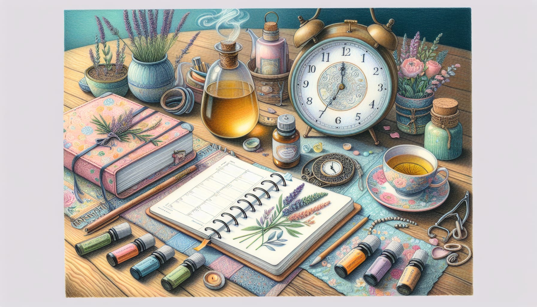 An illustration of various tools and resources to support worry time, including a planner and a timer.