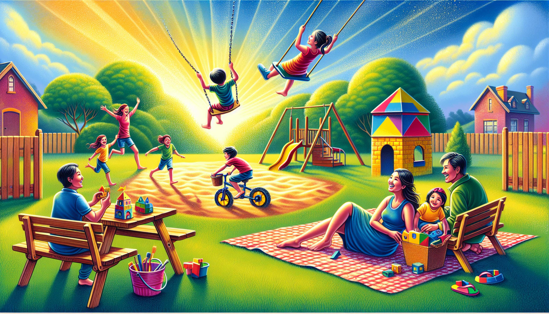 An illustration showing a family encouraging independence in children, with family members supporting each other.