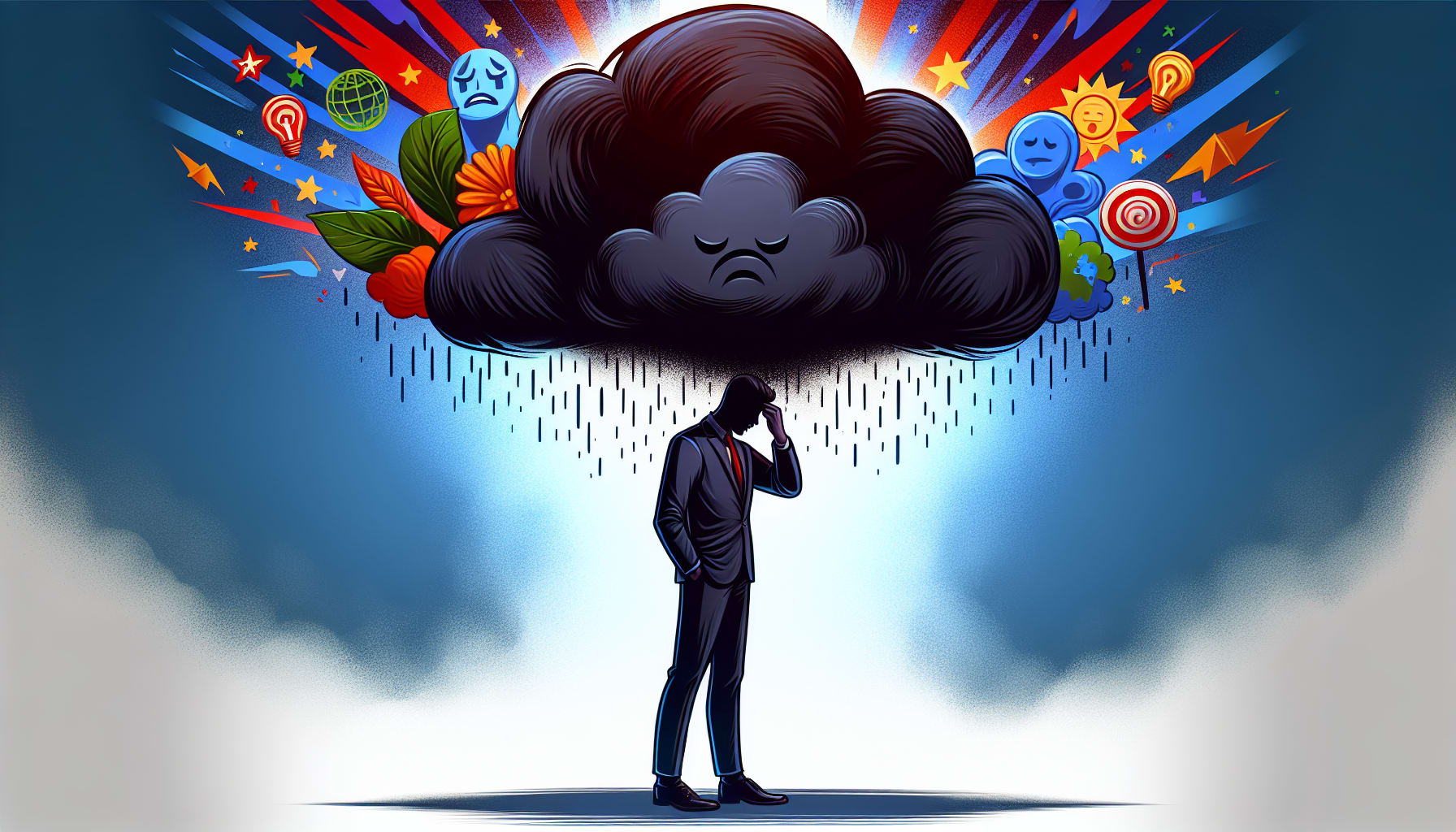 Cartoon illustration of a person with a dark cloud over their head