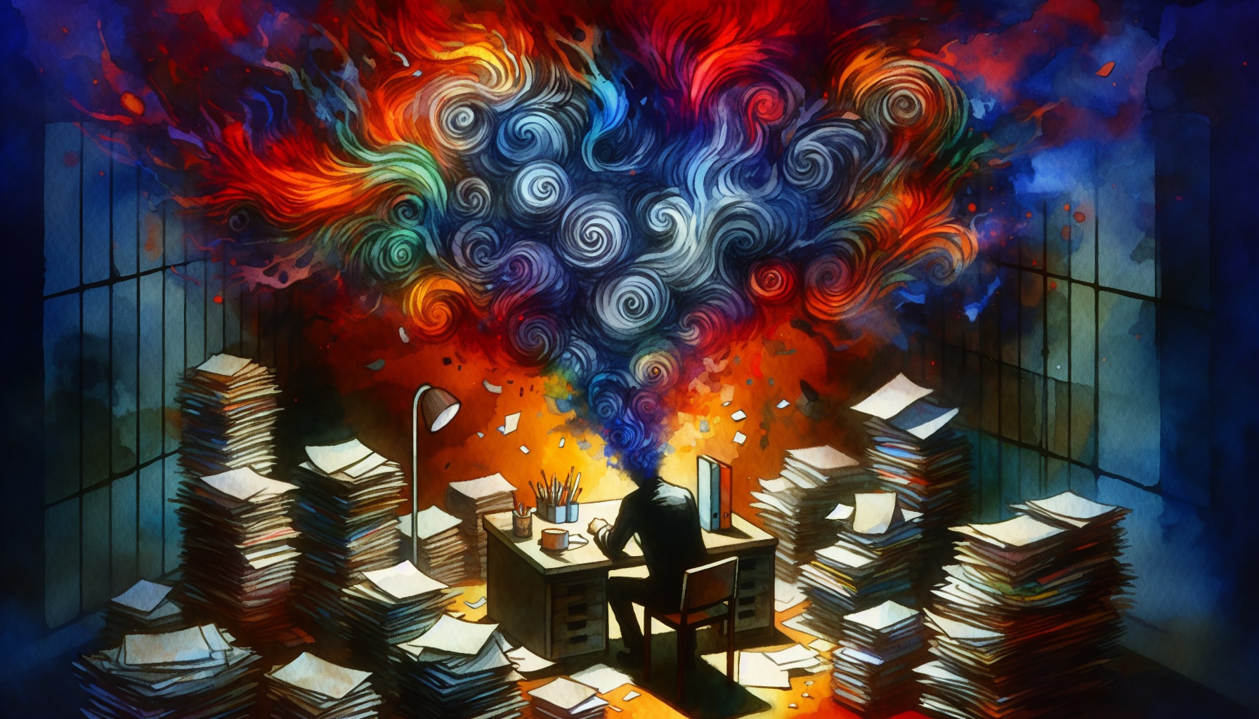 An artistic representation of chronic stress and mental health issues.