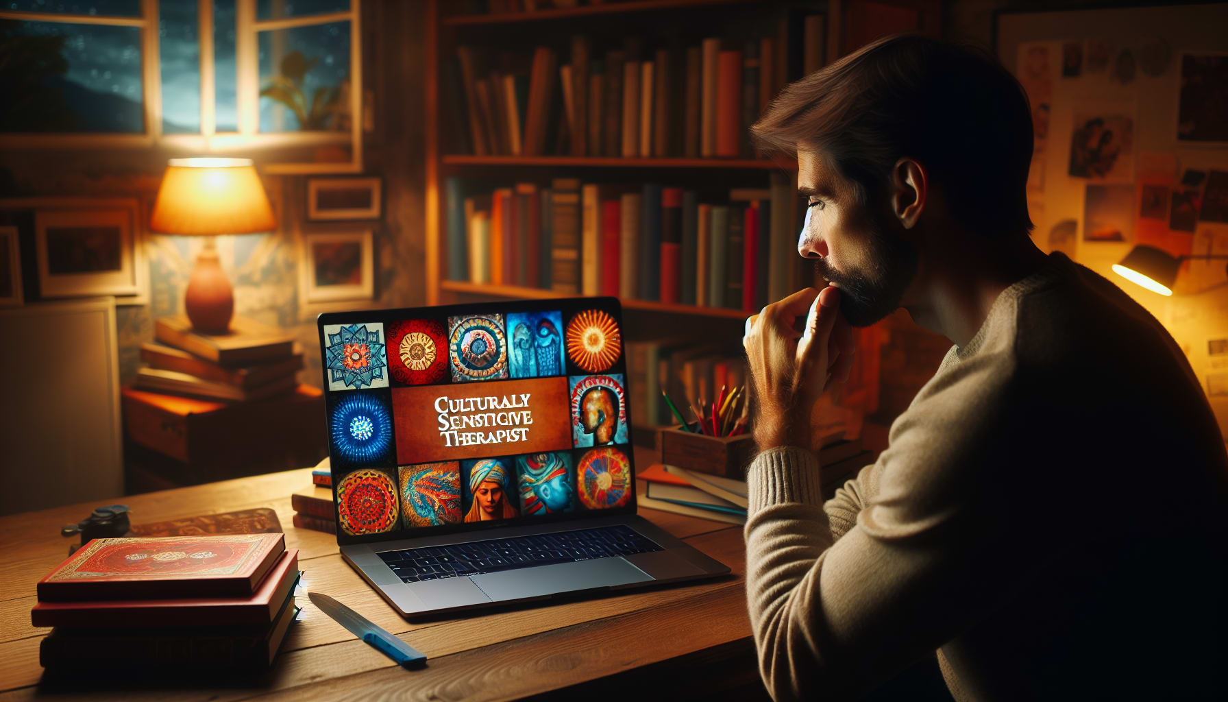 An illustration depicting a person researching culturally sensitive therapists online, highlighting cultural awareness.
