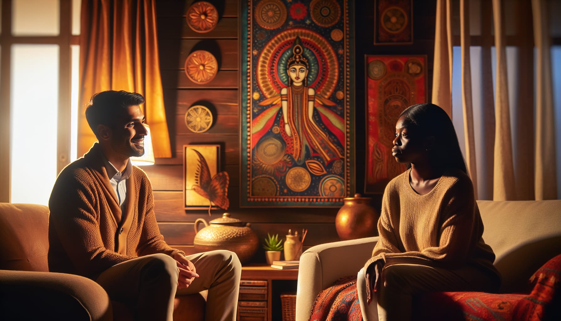 An illustration of a therapist and a client from different cultural backgrounds finding a good fit in therapy.