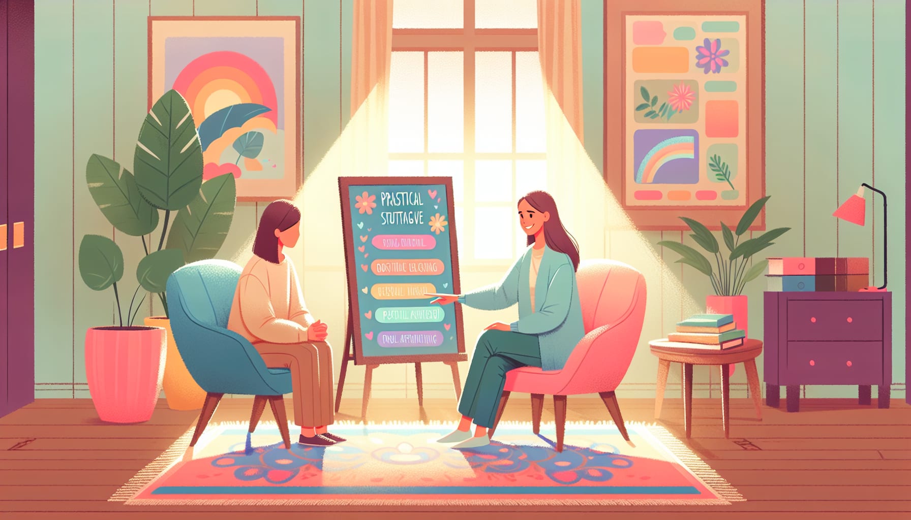 An illustration showing a therapist guiding a person through overcoming limiting beliefs.