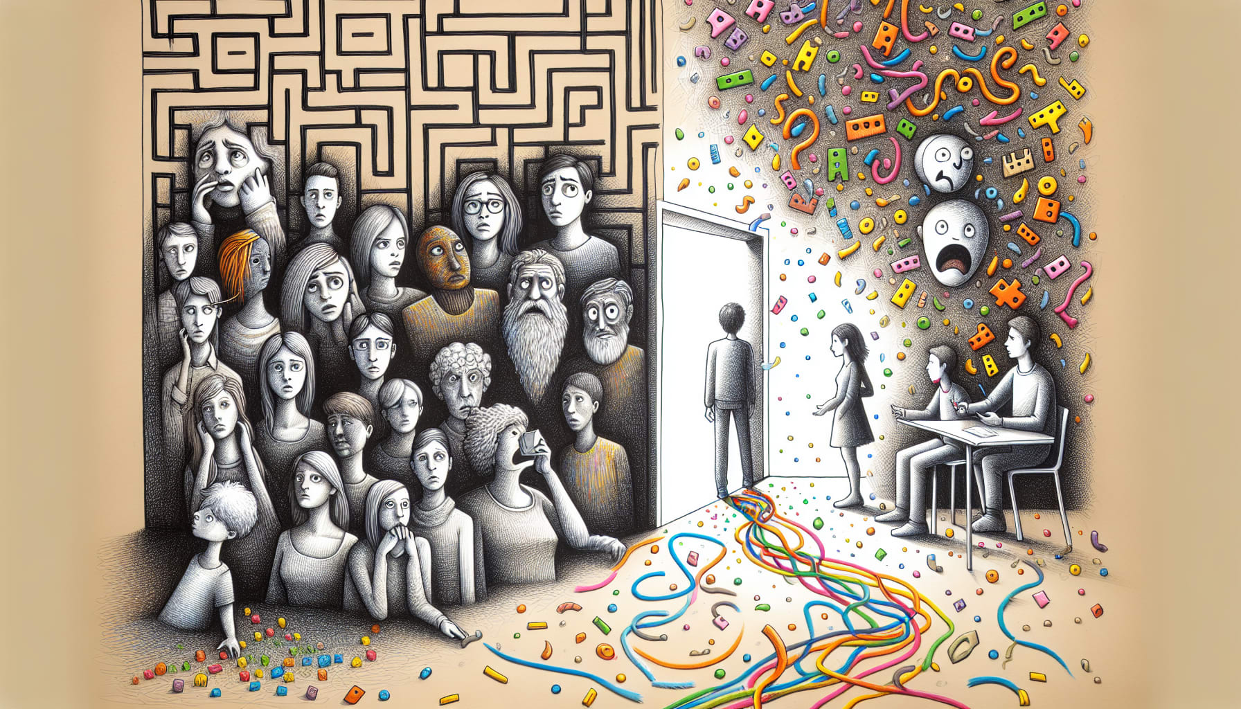 A drawing illustrating the reasons why people breadcrumb, with various characters showing different emotions.