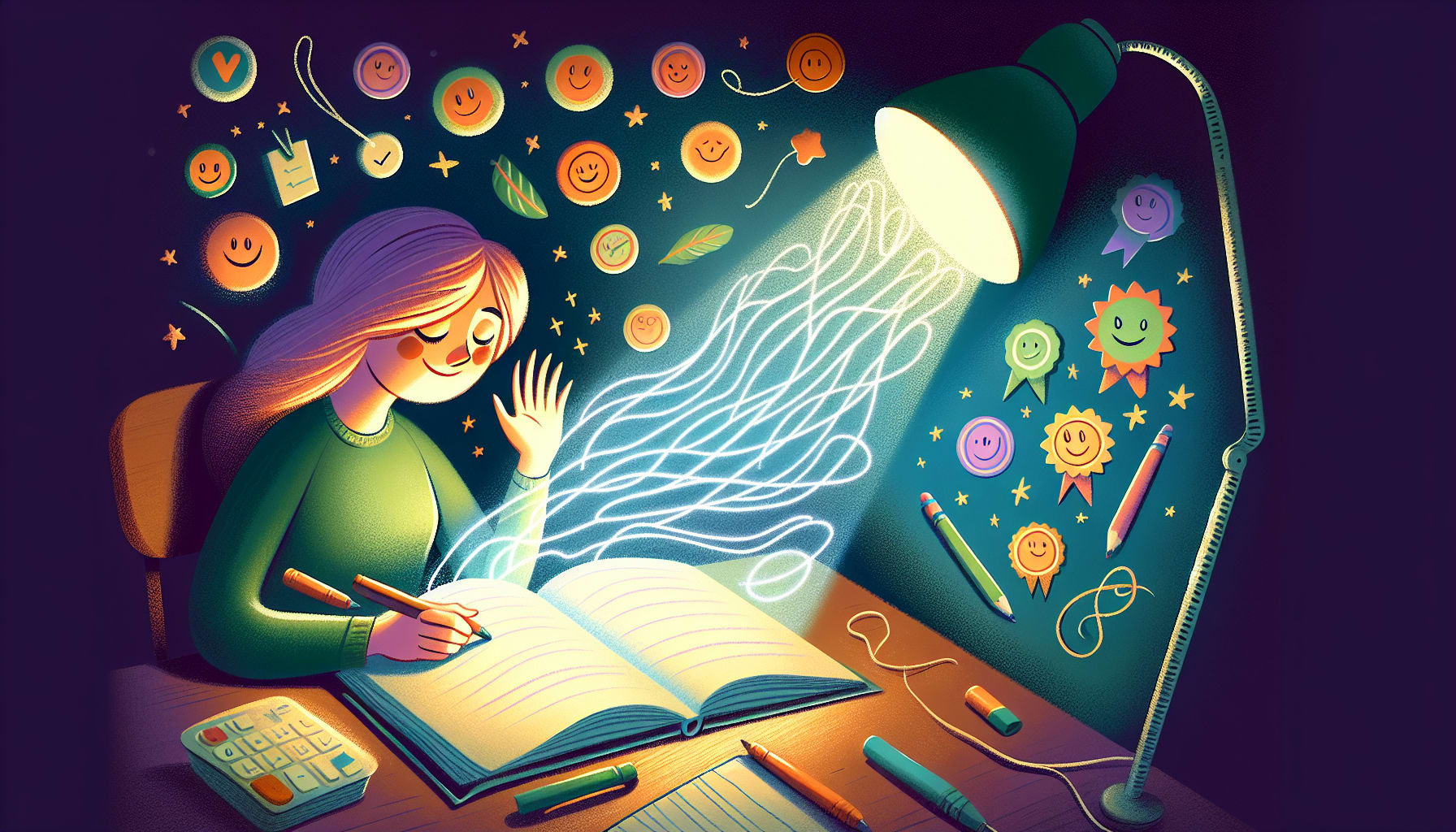 Whimsical illustration of a person journaling with positive affirmations