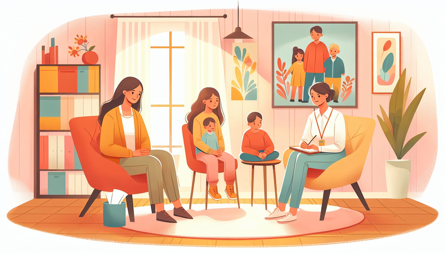 An illustration depicting a family engaging in therapy sessions, highlighting parenting challenges therapy support for families in San Francisco.