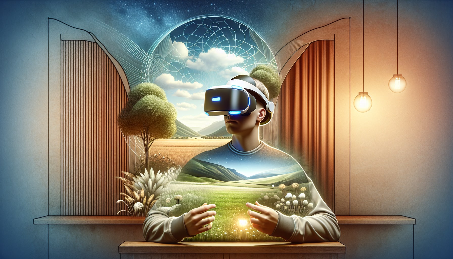 A visual representation of virtual reality therapy for treating claustrophobia, showing a person using VR equipment.