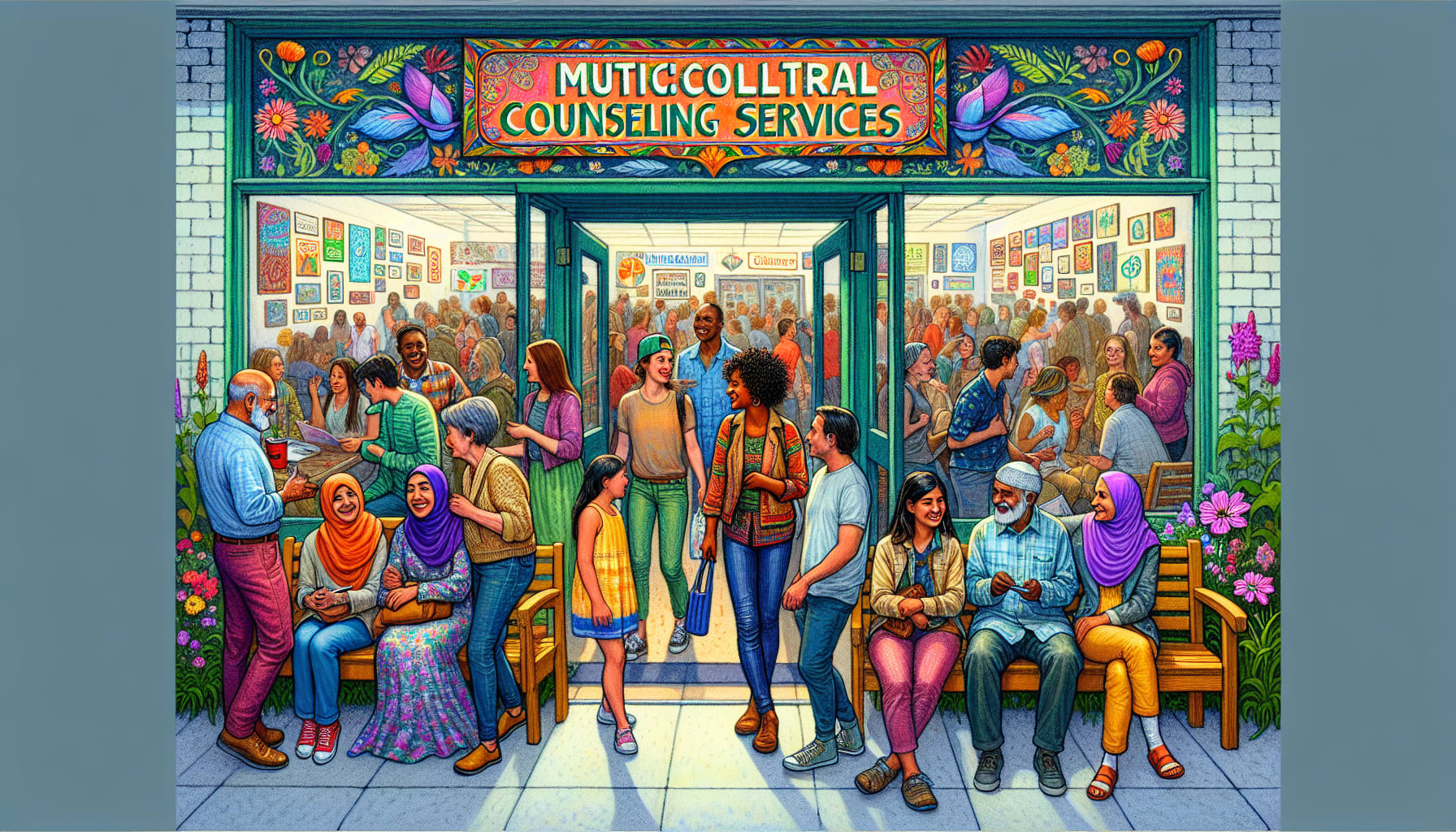 An illustration of a community resource center providing multicultural counseling services.