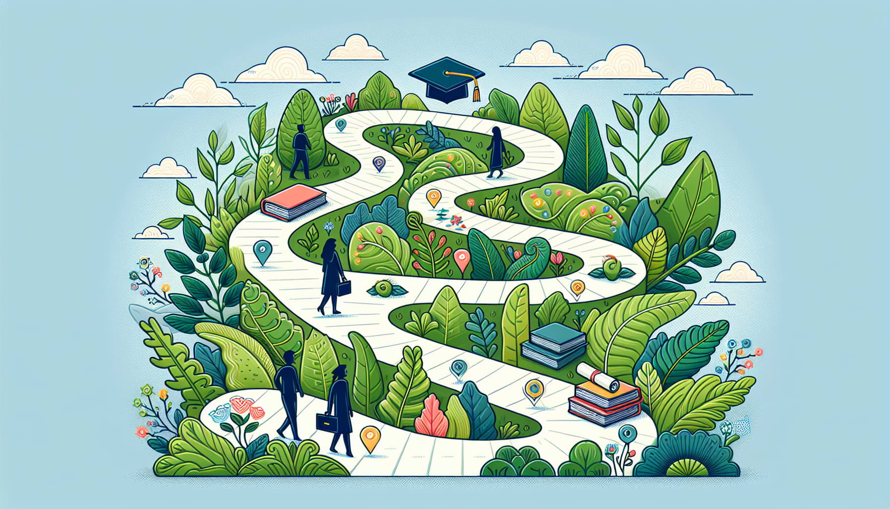 An illustration depicting the journey of pursuing a career in mental health, from education to professional practice.