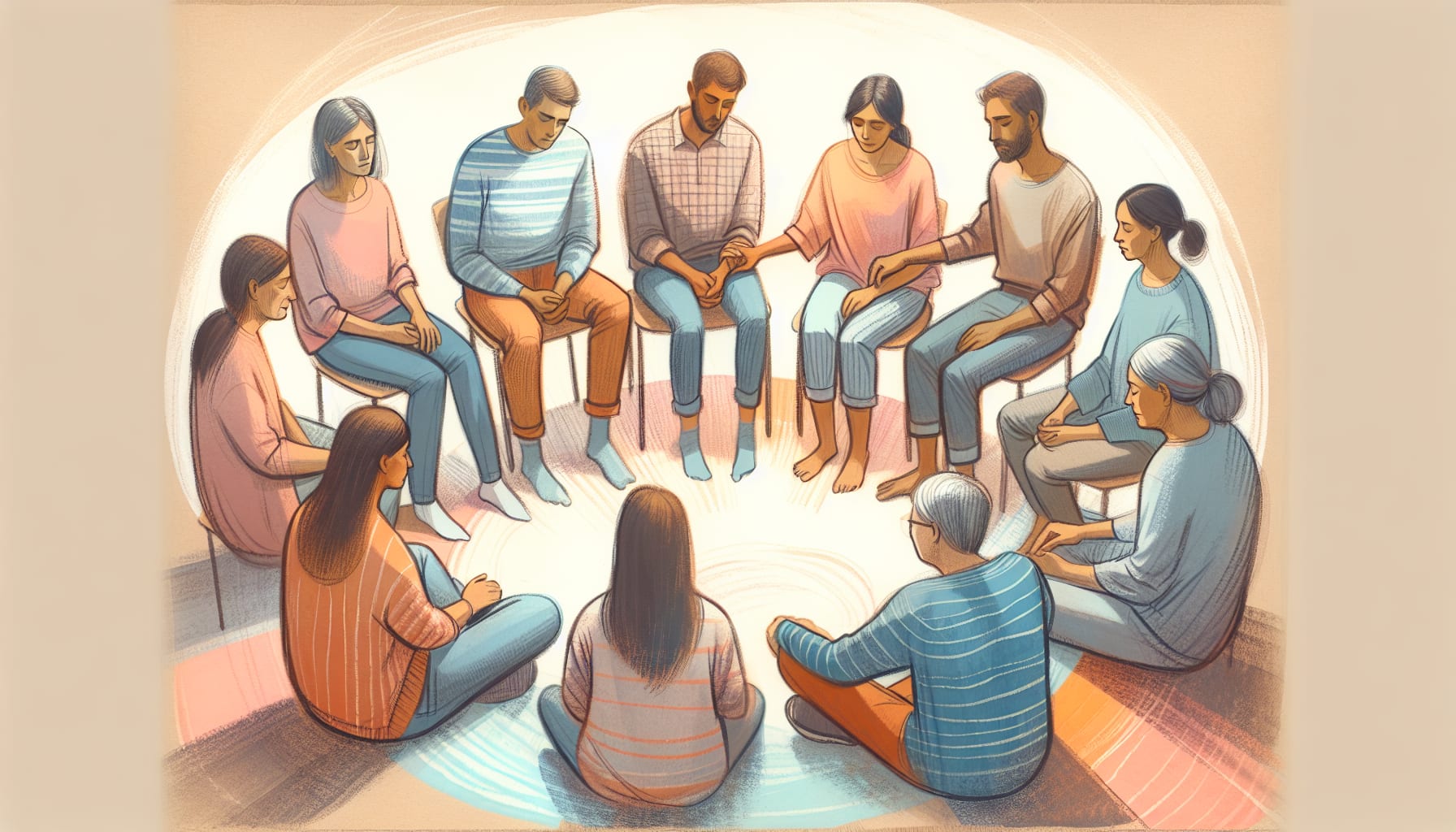 A drawing of a group therapy session focused on overcoming perfectionism.