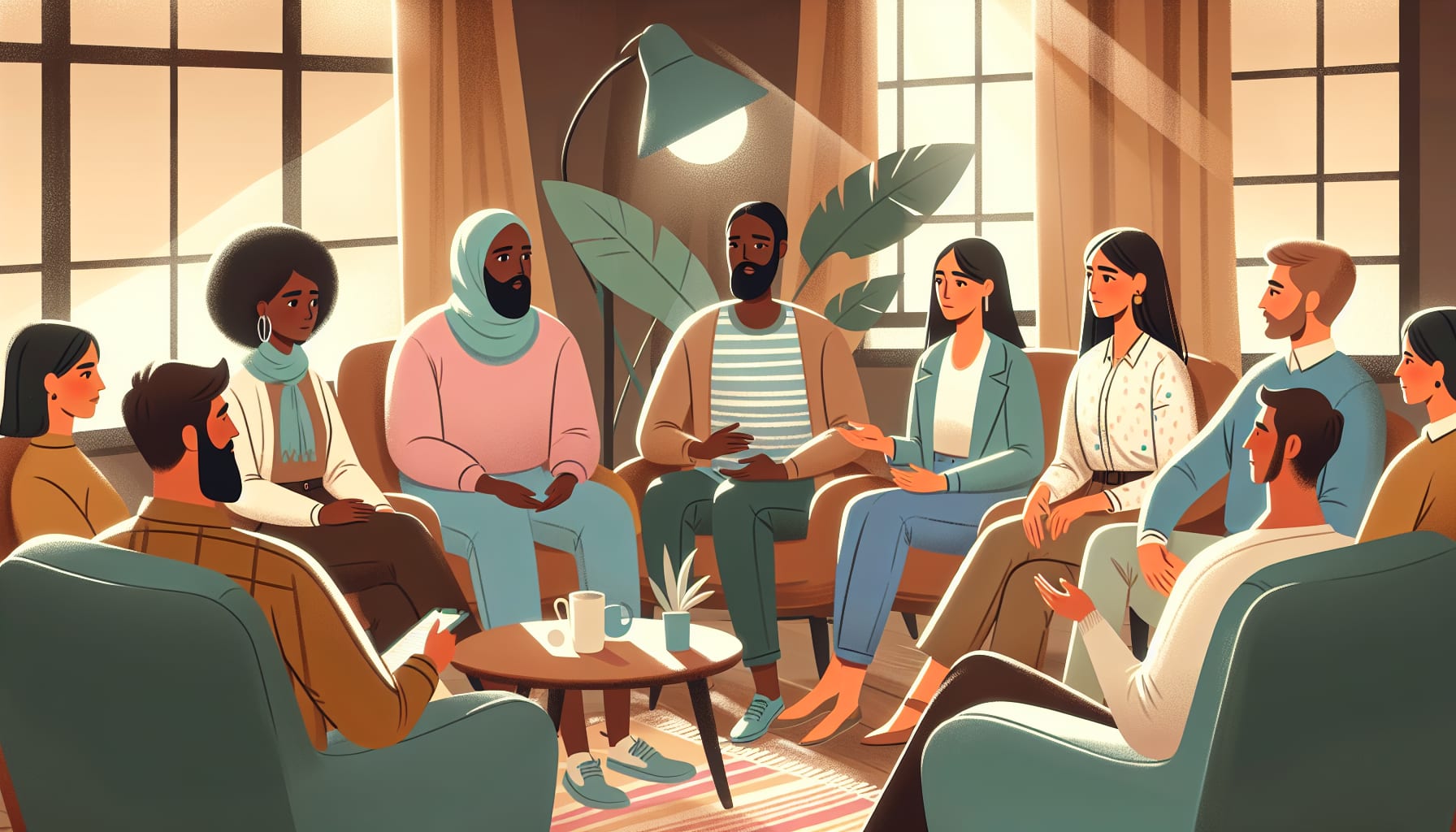 Illustration of a group therapy session with supportive interactions
