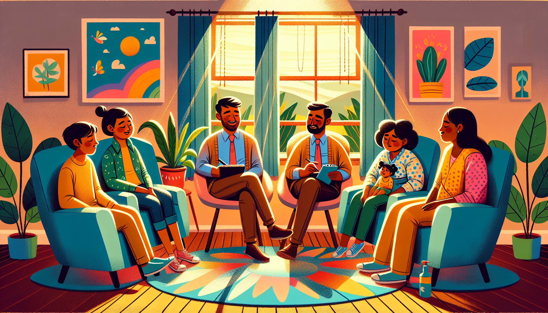 A cartoon representation of therapists in San Diego helping you navigate the complexities of blended families through supportive discussions.