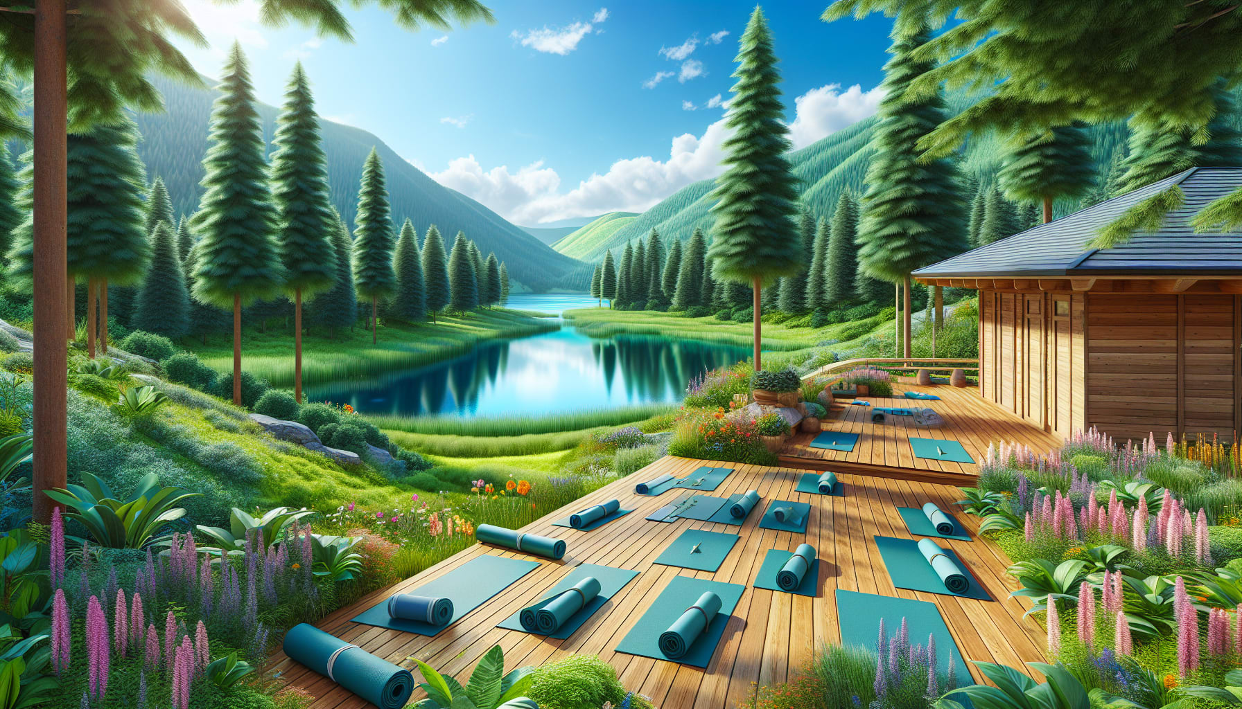 A serene landscape showcasing a wellness retreat surrounded by nature.