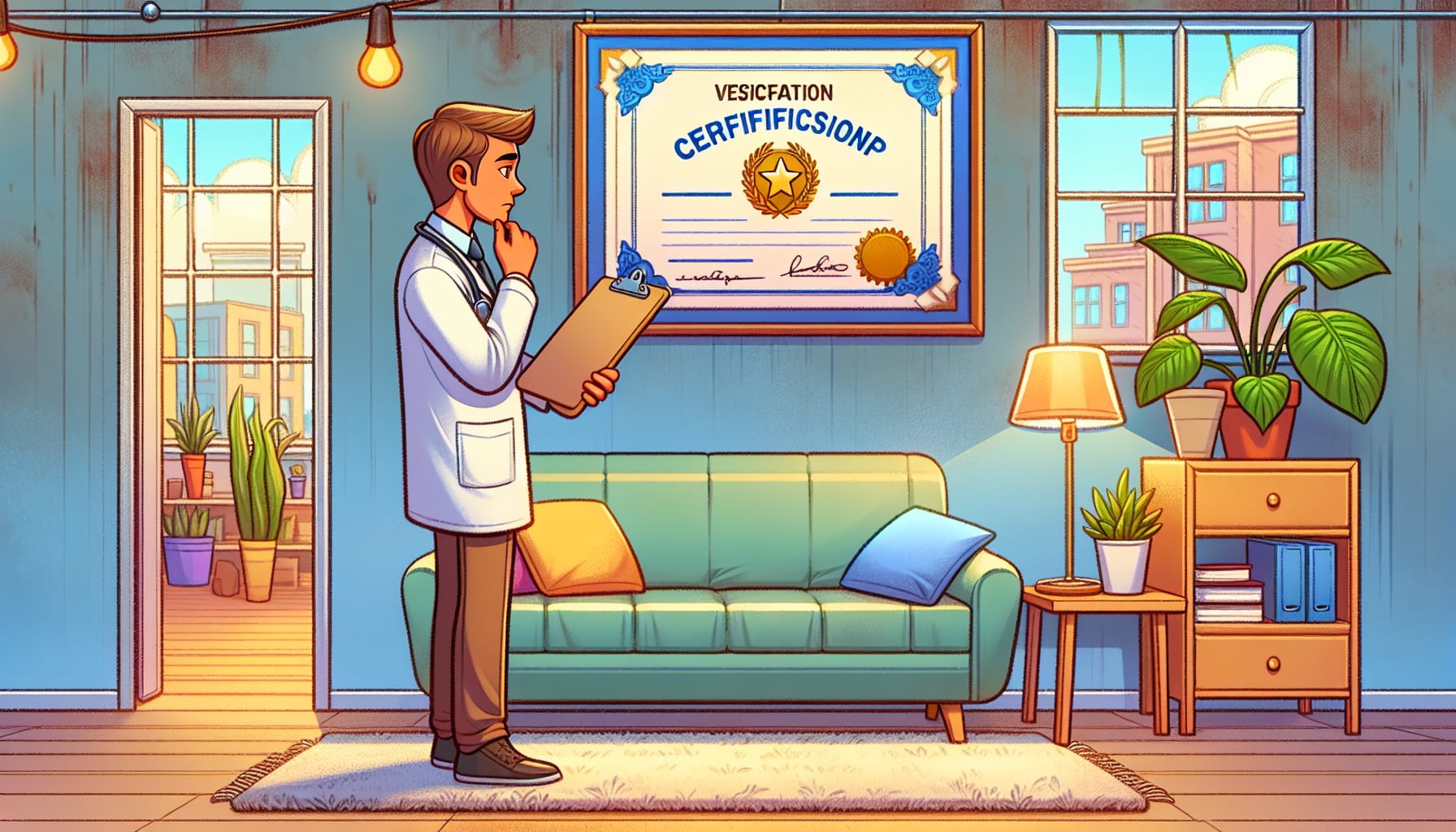 An illustration depicting the verification of therapist credentials and experience.