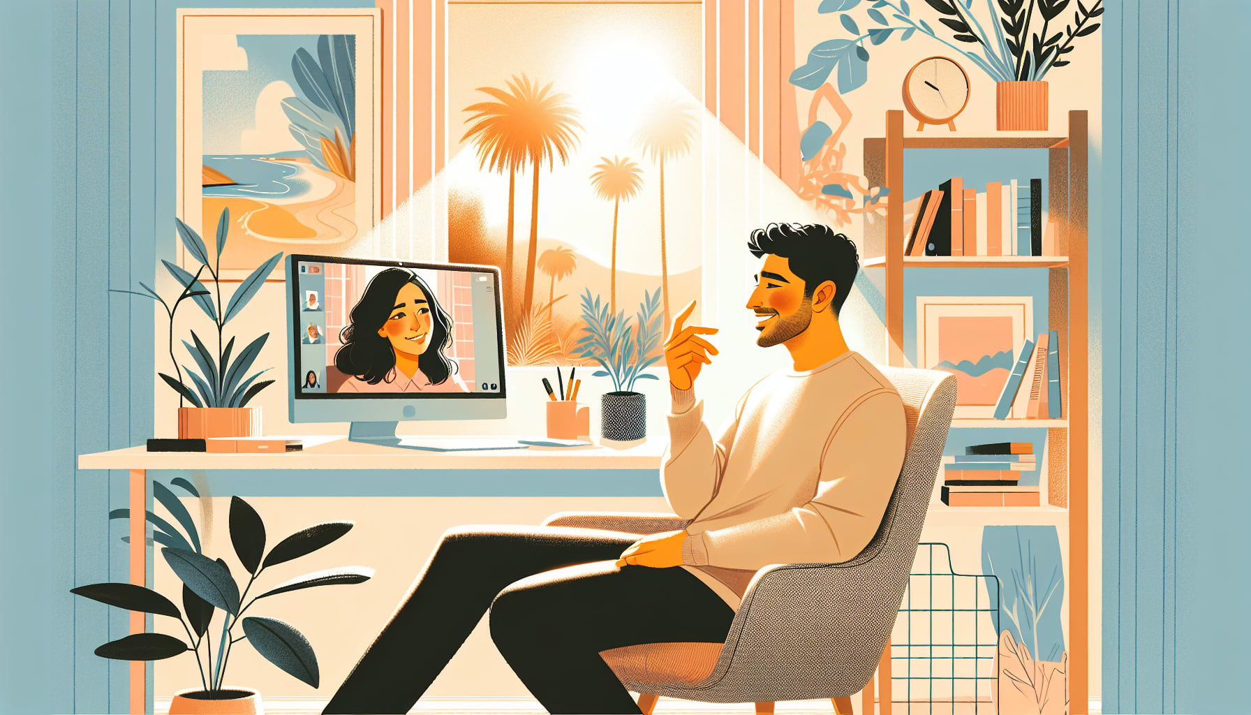 An illustration showing the concept of online therapy options available in Los Angeles, with a therapist and client engaging through a computer.