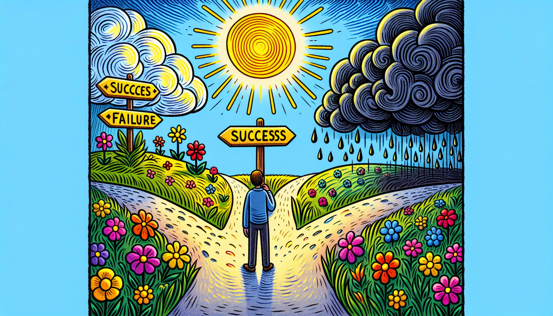 An illustration depicting the concept of all or nothing thinking, showing a person caught in a cycle of extreme thoughts.