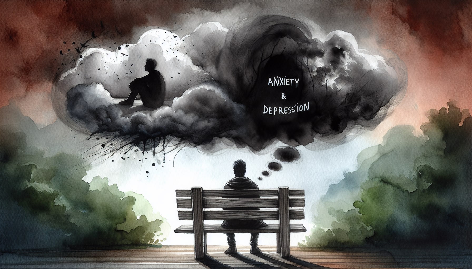 A conceptual illustration of the impact of all or nothing thinking on mental health, showing a person overwhelmed by negative thoughts.
