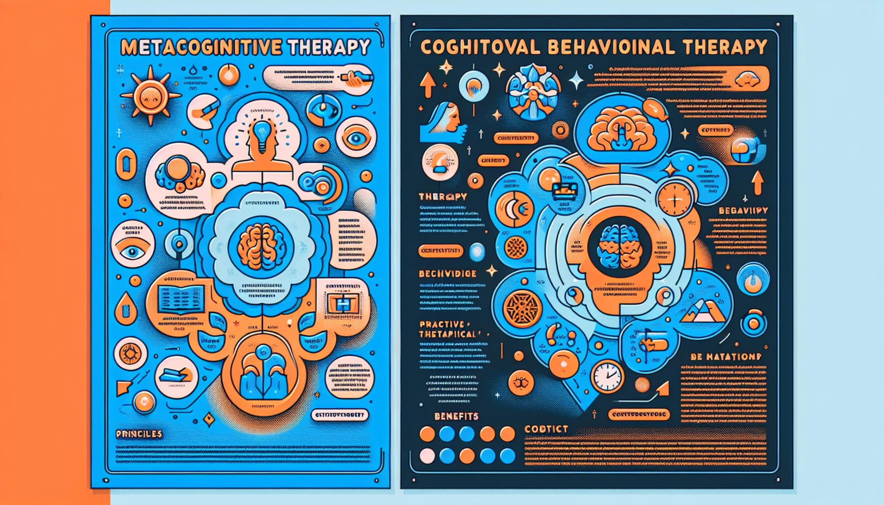 A comparison chart of MCT and CBT, highlighting their differences and similarities in therapy approaches.
