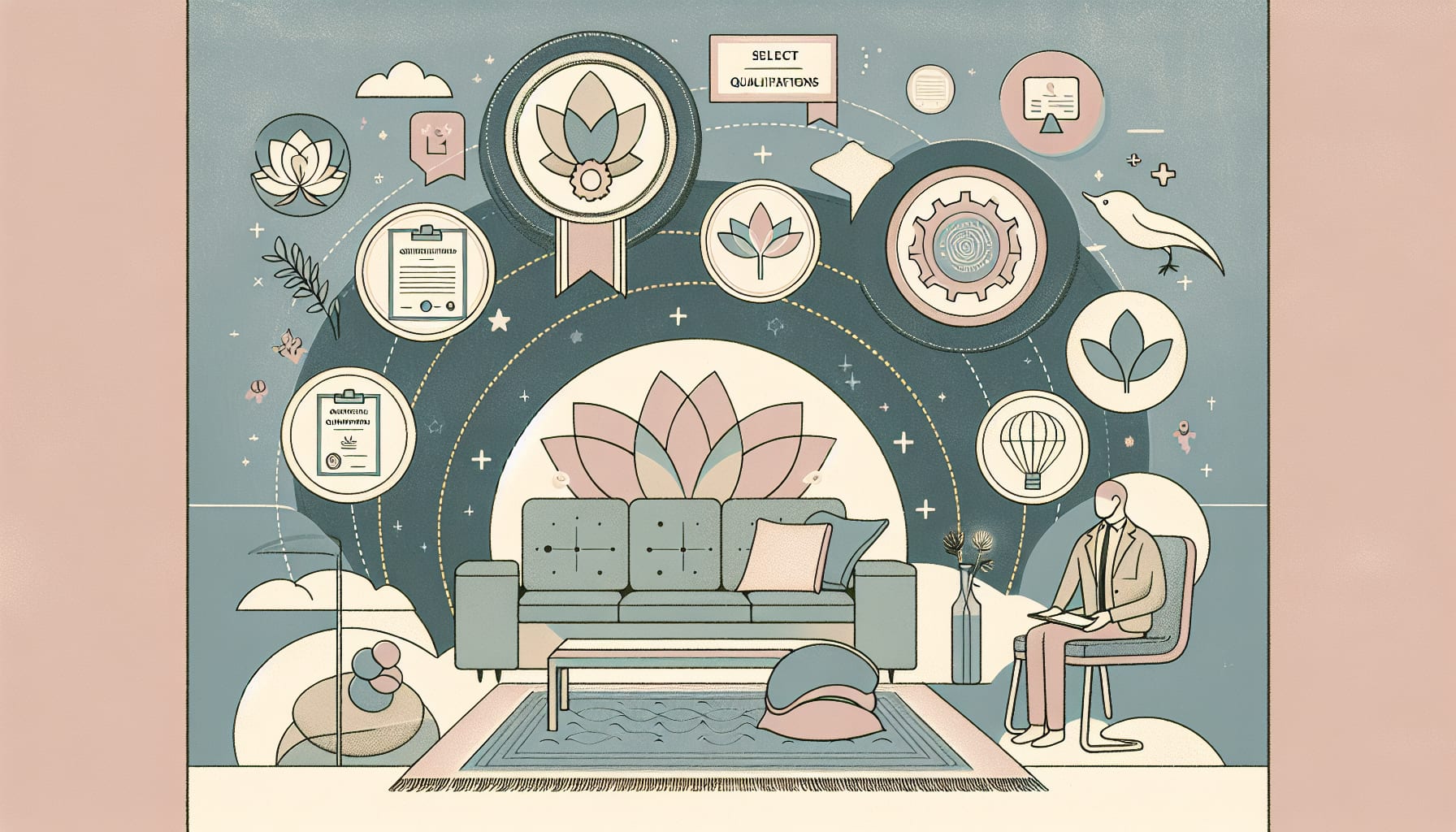 An illustration depicting factors to consider when choosing a therapist, including credentials and therapeutic approaches.
