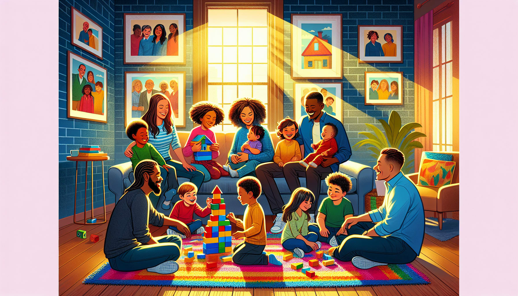 An illustration depicting a blended family interacting positively together, showcasing the importance of understanding in family dynamics.