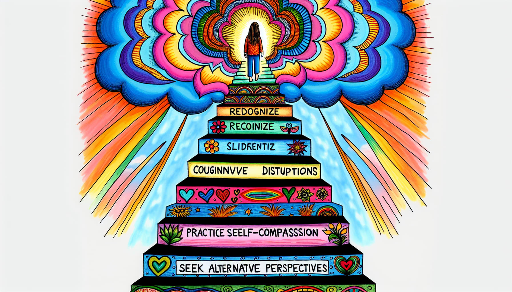 An illustration showing strategies to overcome all or nothing thinking, with positive affirmations and balanced perspectives.