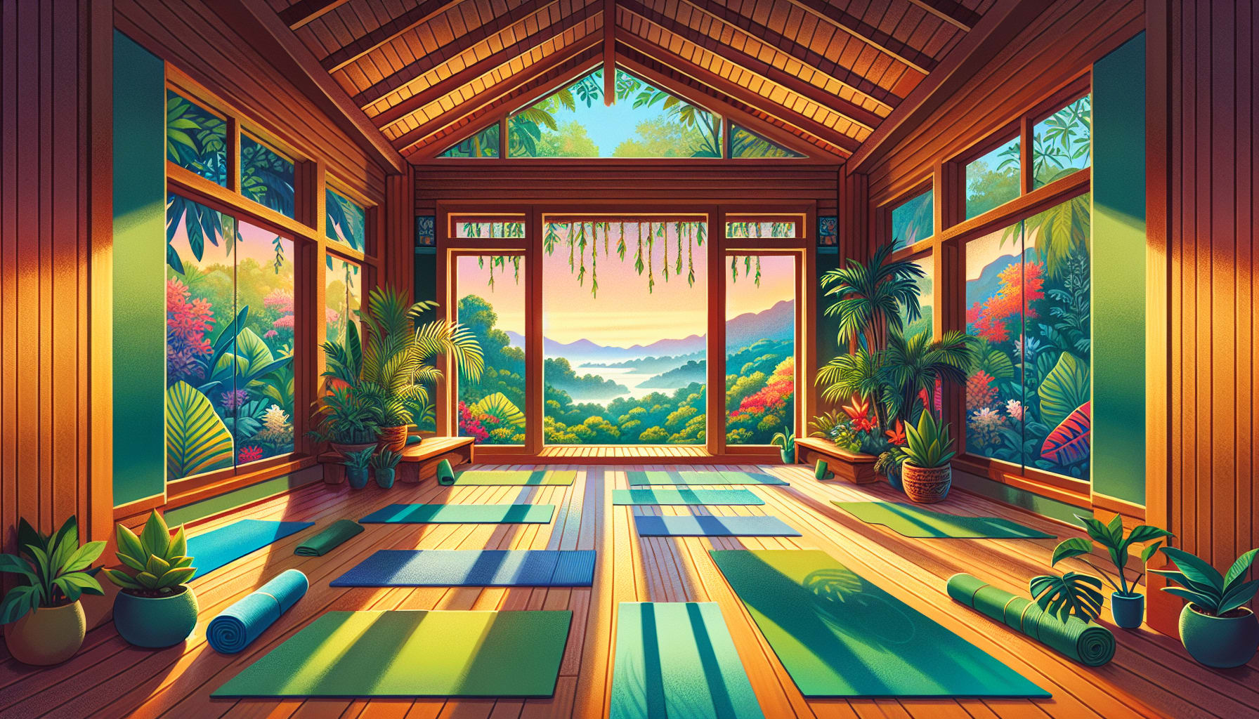 An inviting yoga studio in a Costa Rican wellness retreat, perfect for relaxation and rejuvenation.