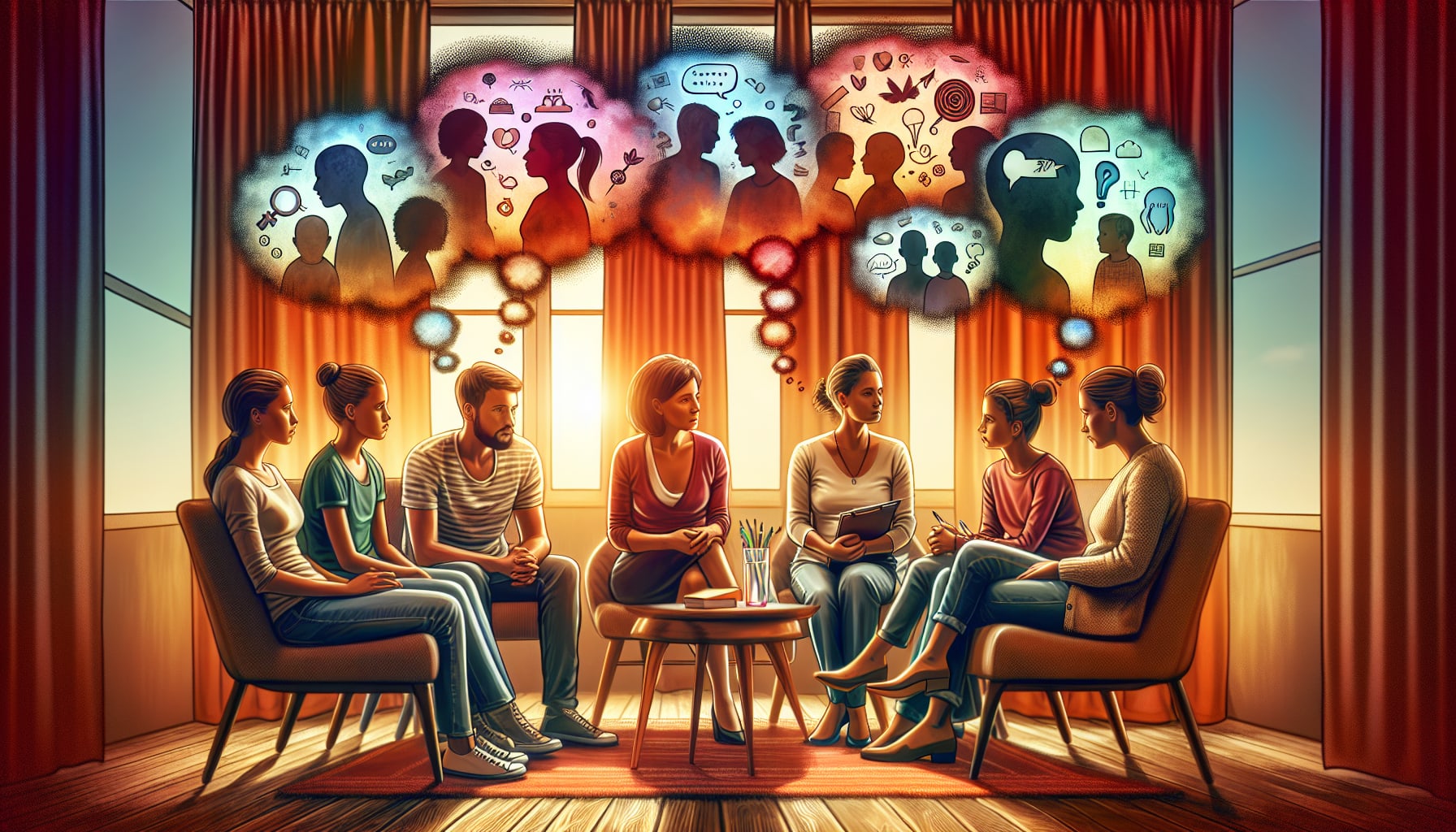 An illustration showing common issues addressed in therapy for blended families, such as communication barriers and parenting discrepancies.