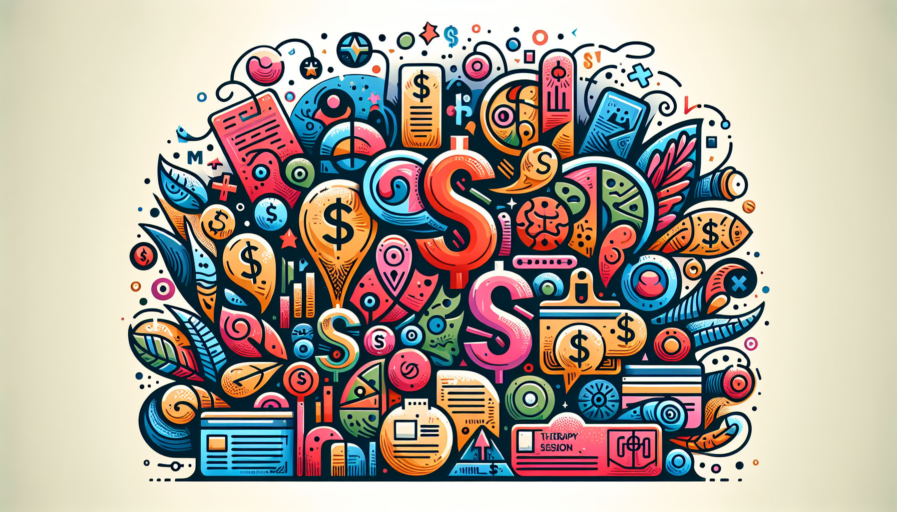 An illustration representing cost and insurance considerations for therapy, with visual elements like dollar signs and insurance cards.
