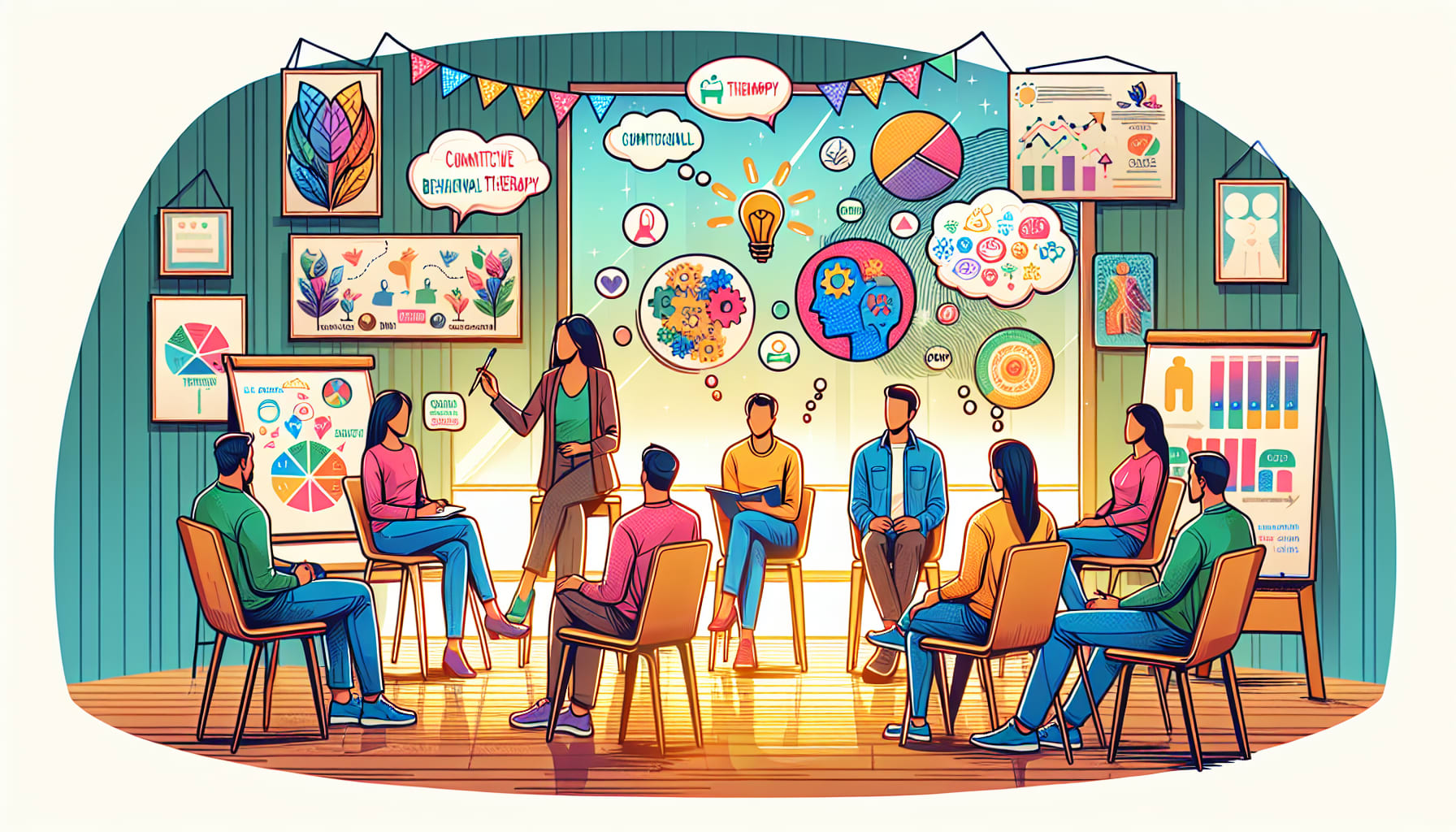 An illustration depicting various techniques used by therapists to help blended families, showcasing a supportive environment.