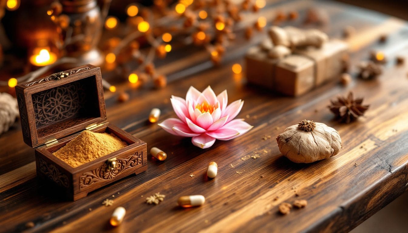 Different forms of ashwagandha supplements on a wooden table.