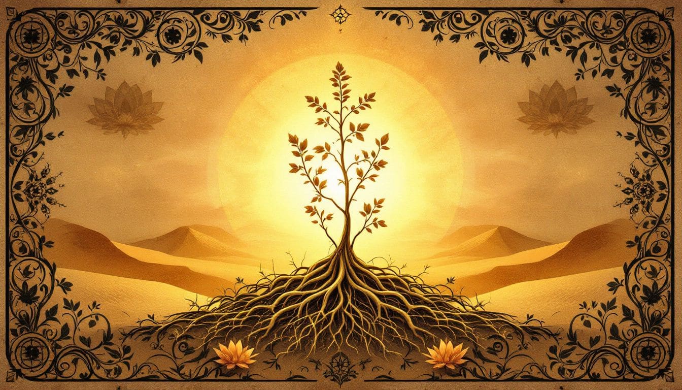 An illustration of ashwagandha root and plant.